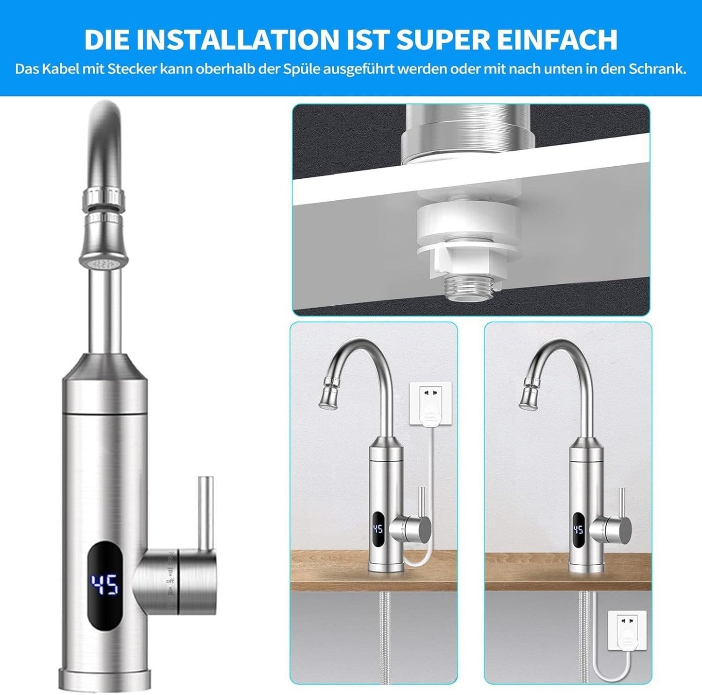 Durchlauferhitzer 230V Küchenarmatur Edelstahl mit LED-Temperaturanzeige Küche