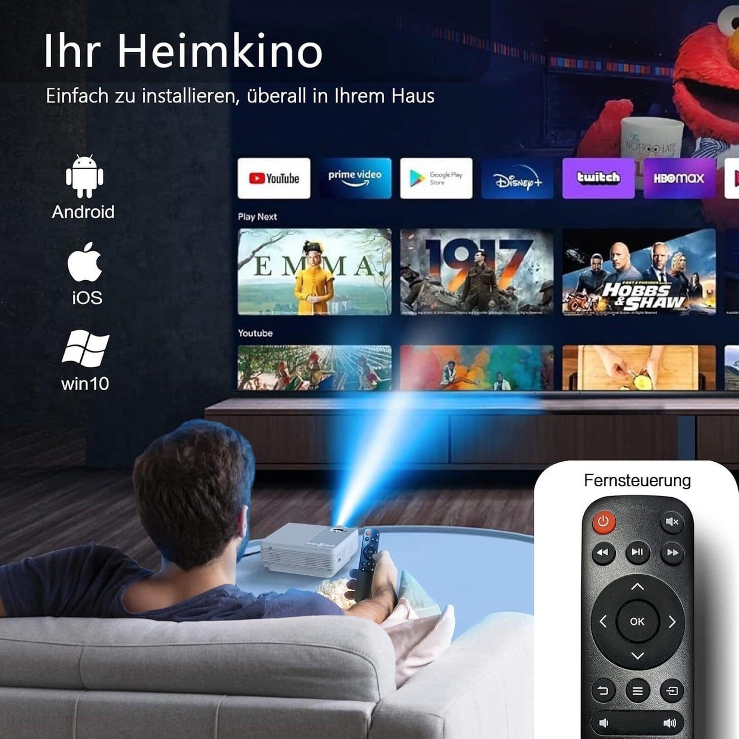 Mini-Projektor Full HD 1080P, 12.000 Lumen, 300-Zoll-Projektor LED-Beamer