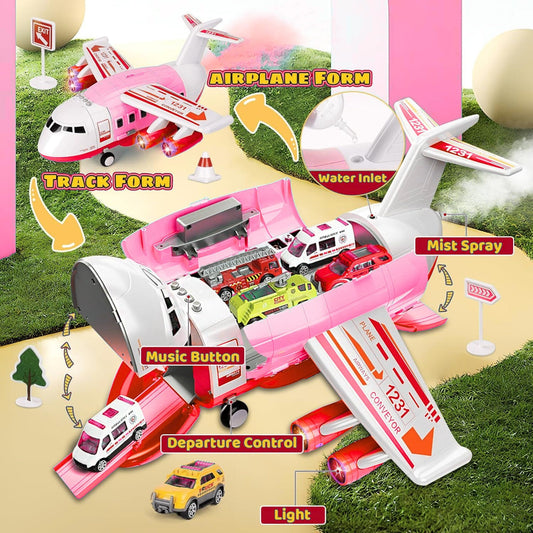 Spielzeug-Flugzeug mit Lichtern, Geräuschen, Sprühfunktion und 12-teiligem Spielzeugauto