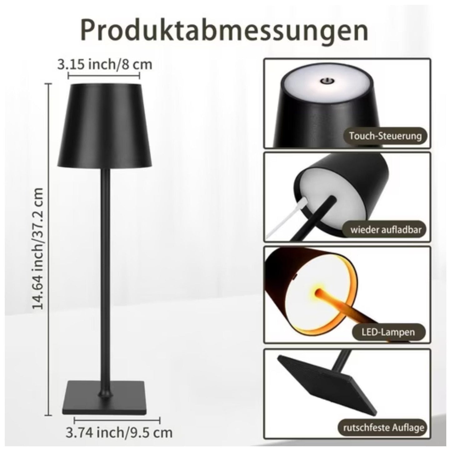 LED Tischleuchte mit 3 Farbtemperaturen -Wiederaufladbar,Touch-Dimmer,IP54 Wasserdicht