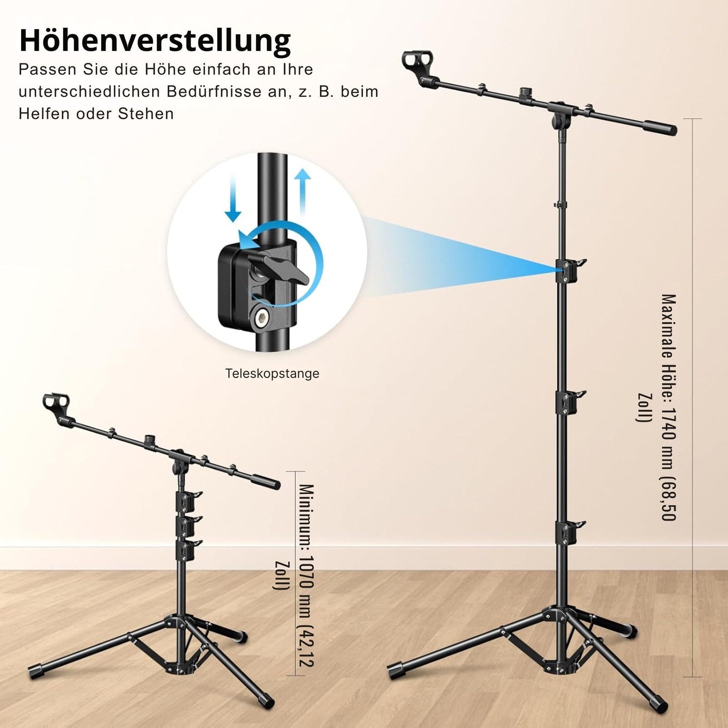 Mikrofonständer mit Galgenarm und Tragetasche – Stabiles Stativ aus Stahl, 107–174 cm