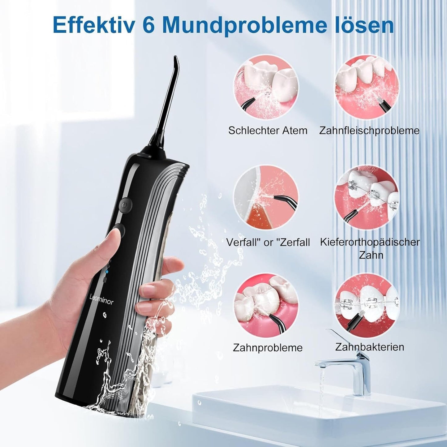 Munddusche Kabellos,5 Modi Elektrischer Zahnreiniger IPX7 Wasserdichter