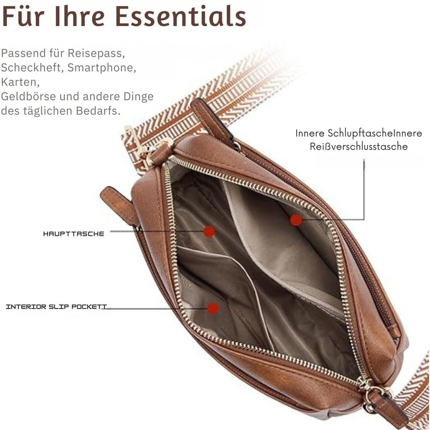 Handtasche Kleine Umhängetasche für Frauen Dreifach-Reißverschluss