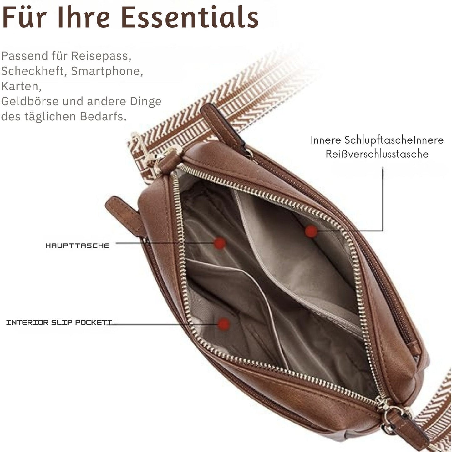 Handtasche Kleine Umhängetasche für Frauen Dreifach-Reißverschluss