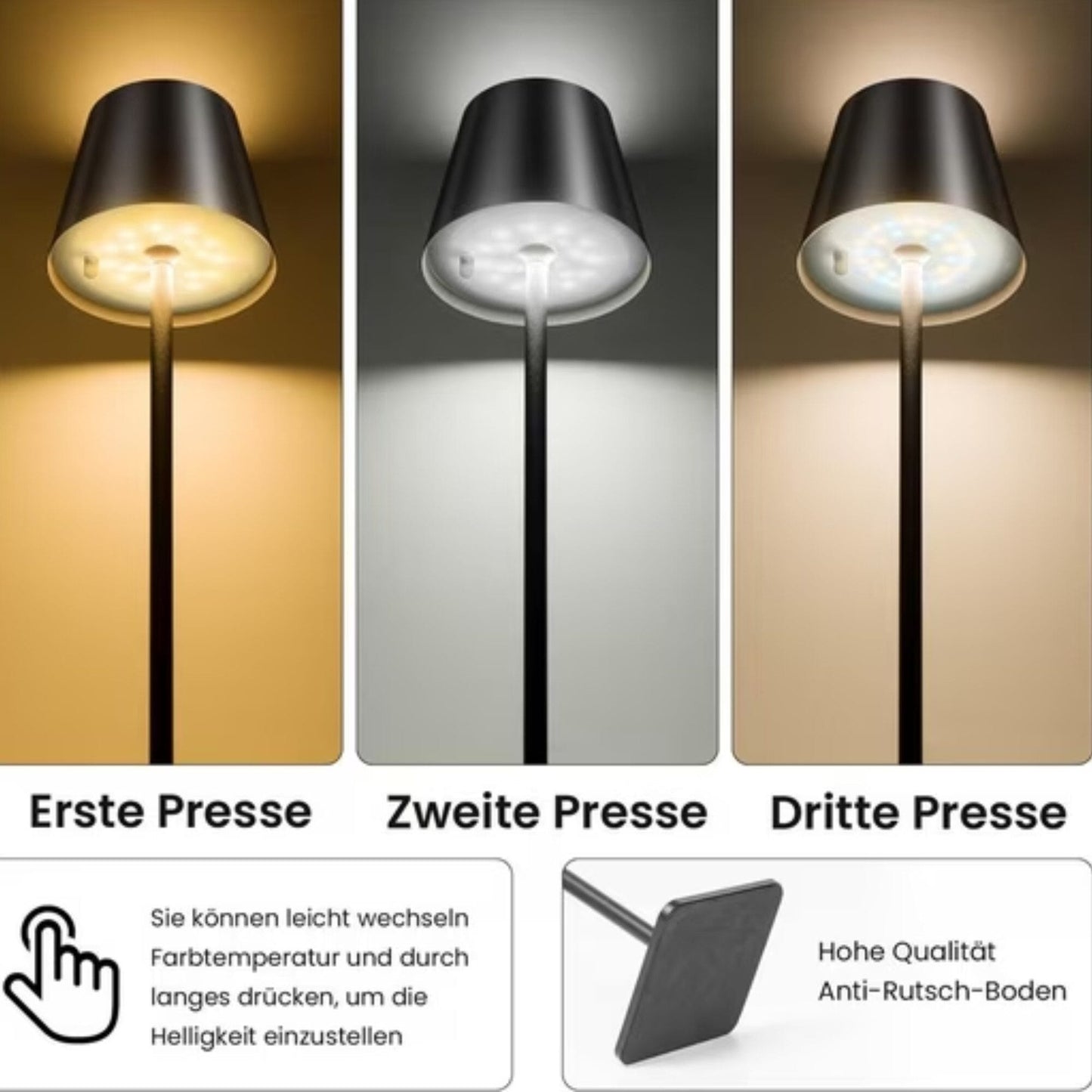 LED Tischleuchte mit 3 Farbtemperaturen -Wiederaufladbar,Touch-Dimmer,IP54 Wasserdicht