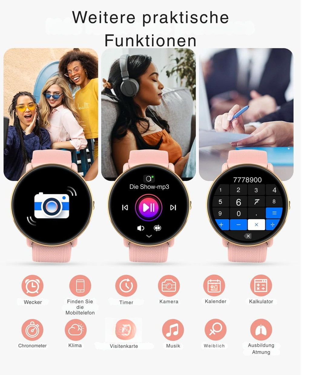 Damen & Herren – Fitnessuhr mit Bluetooth-Telefonie, AMOLED-Display Smartwatch