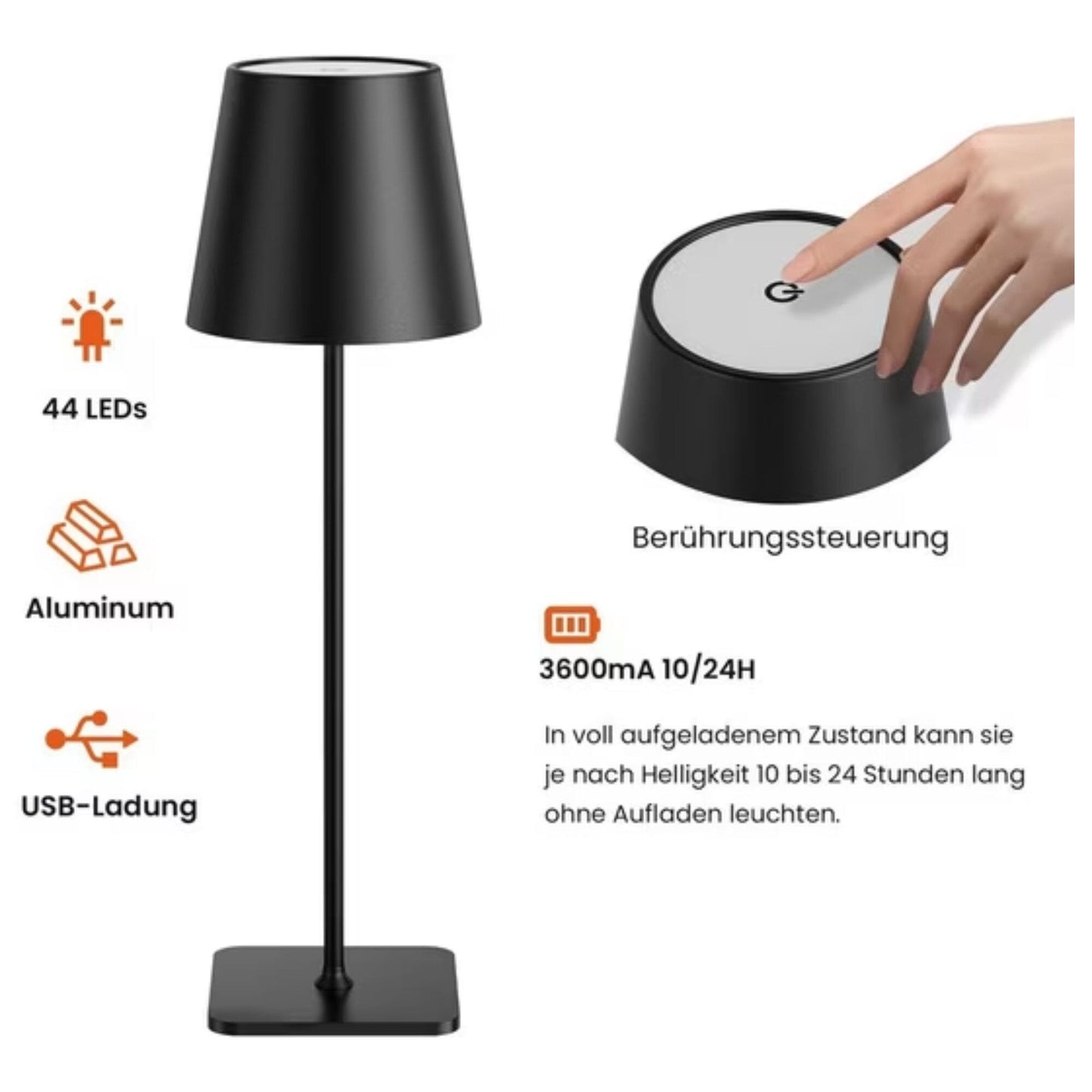 LED Tischleuchte mit 3 Farbtemperaturen -Wiederaufladbar,Touch-Dimmer,IP54 Wasserdicht