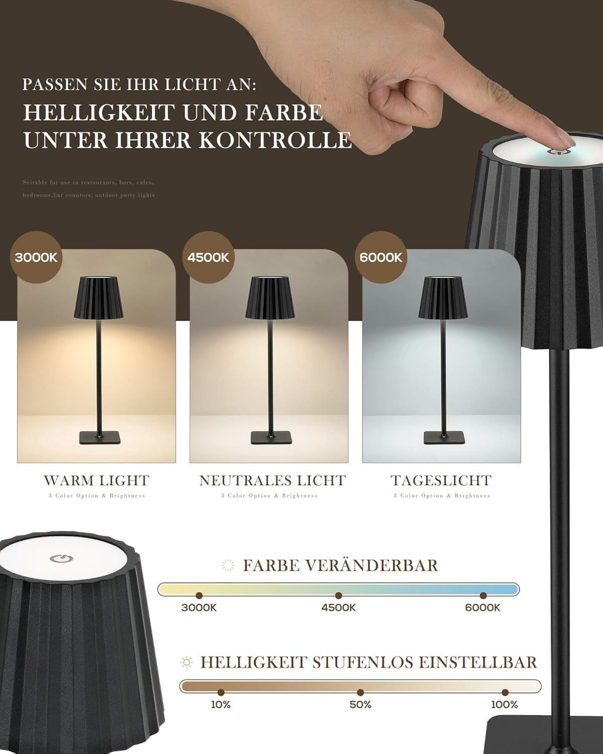 LED Tischleuchte mit 3 Farbtemperaturen -Wiederaufladbar,Touch-Dimmer,IP54 Wasserdicht