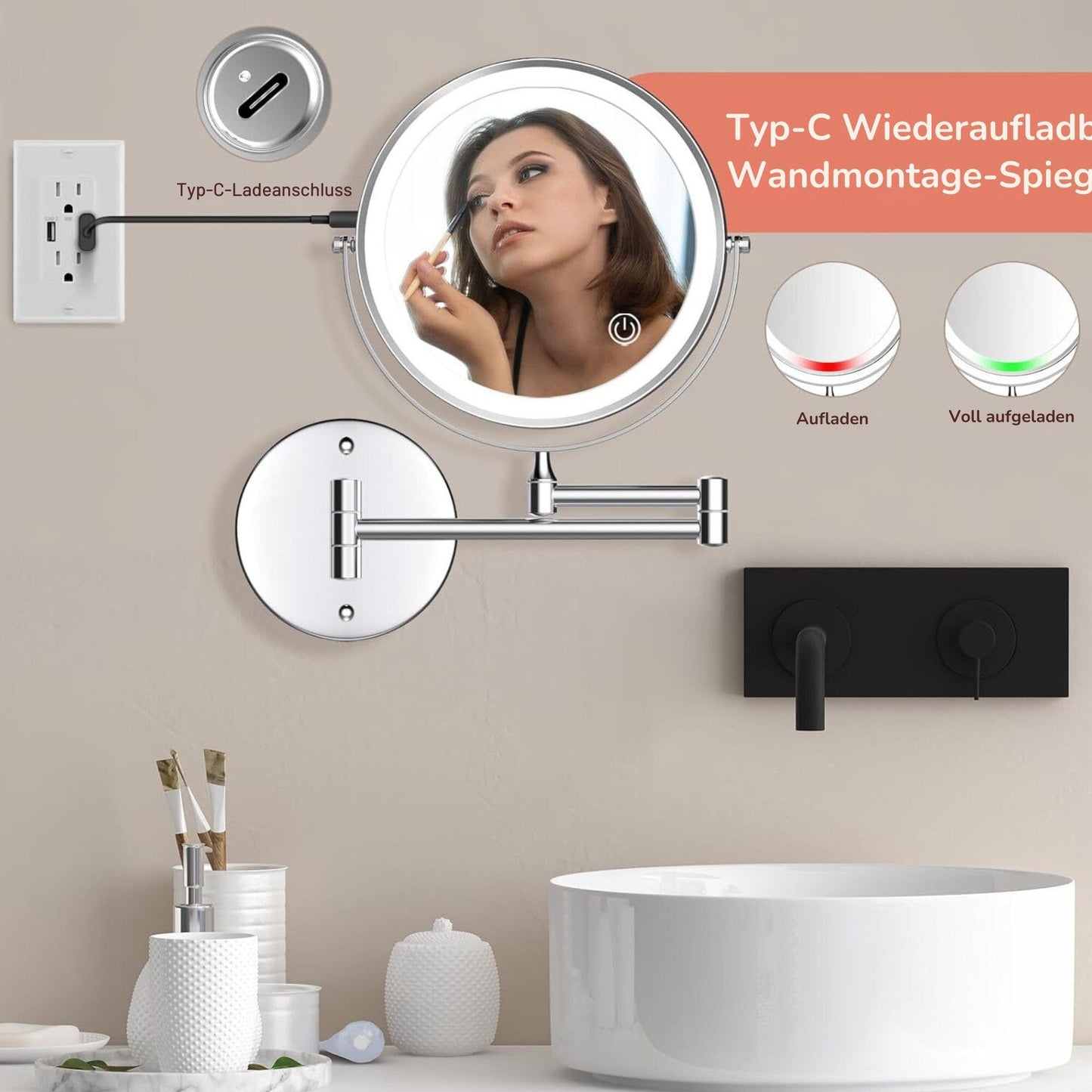 Kosmetikspiegel Wiederaufladbarer beleuchteter Wand-Makeup-Spiegel