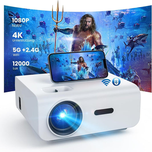 12000 Lumen Full HD 1080P Mini-Projektor mit 4K-Unterstützung, 5G WiFi Portabler Projektor