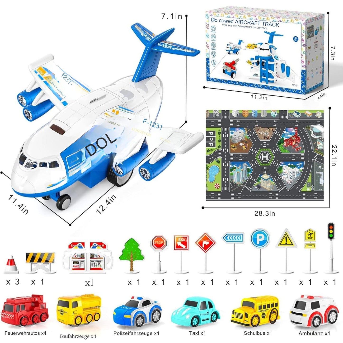 Spielzeug-Flugzeug mit 12 Stadtautos & Rennstrecke Rennbahn Auto Spielzeug für Kinder