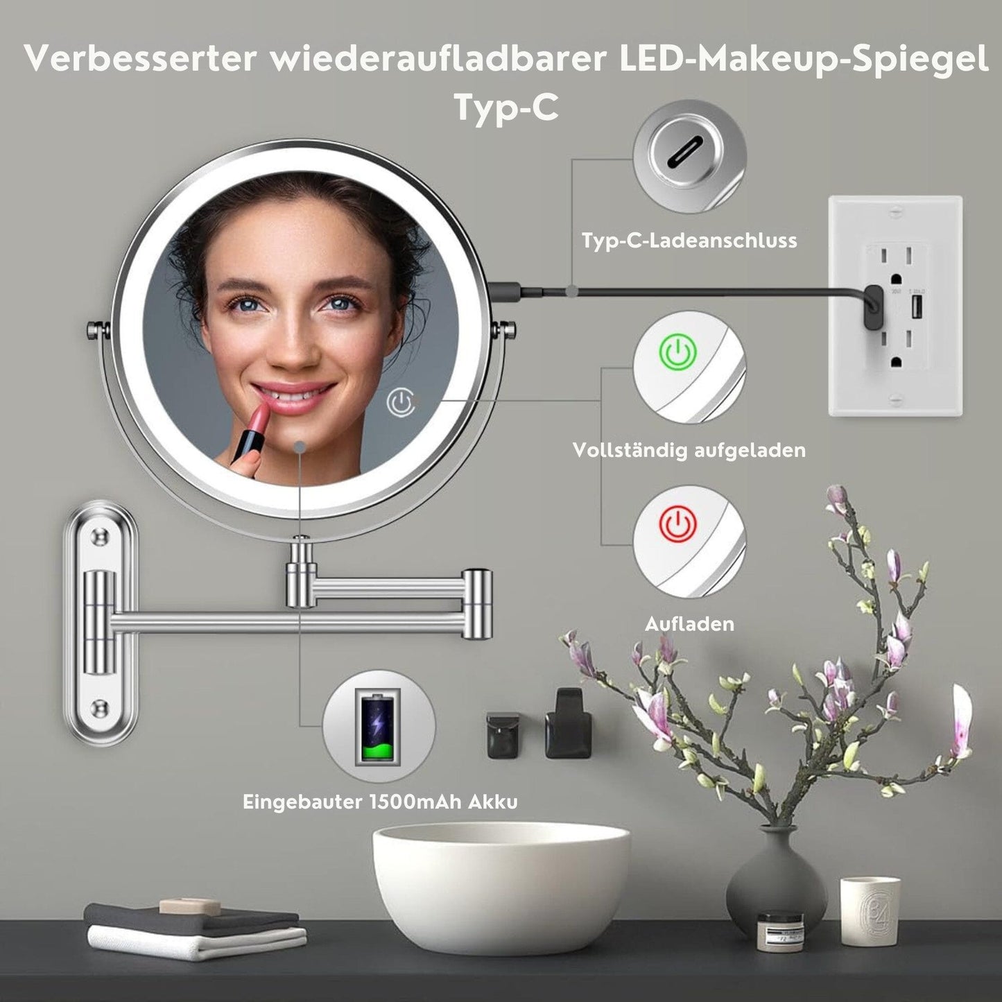Kosmetikspiegel Wiederaufladbarer beleuchteter Badezimmerspiegel, 1X/10X Vergrößerung
