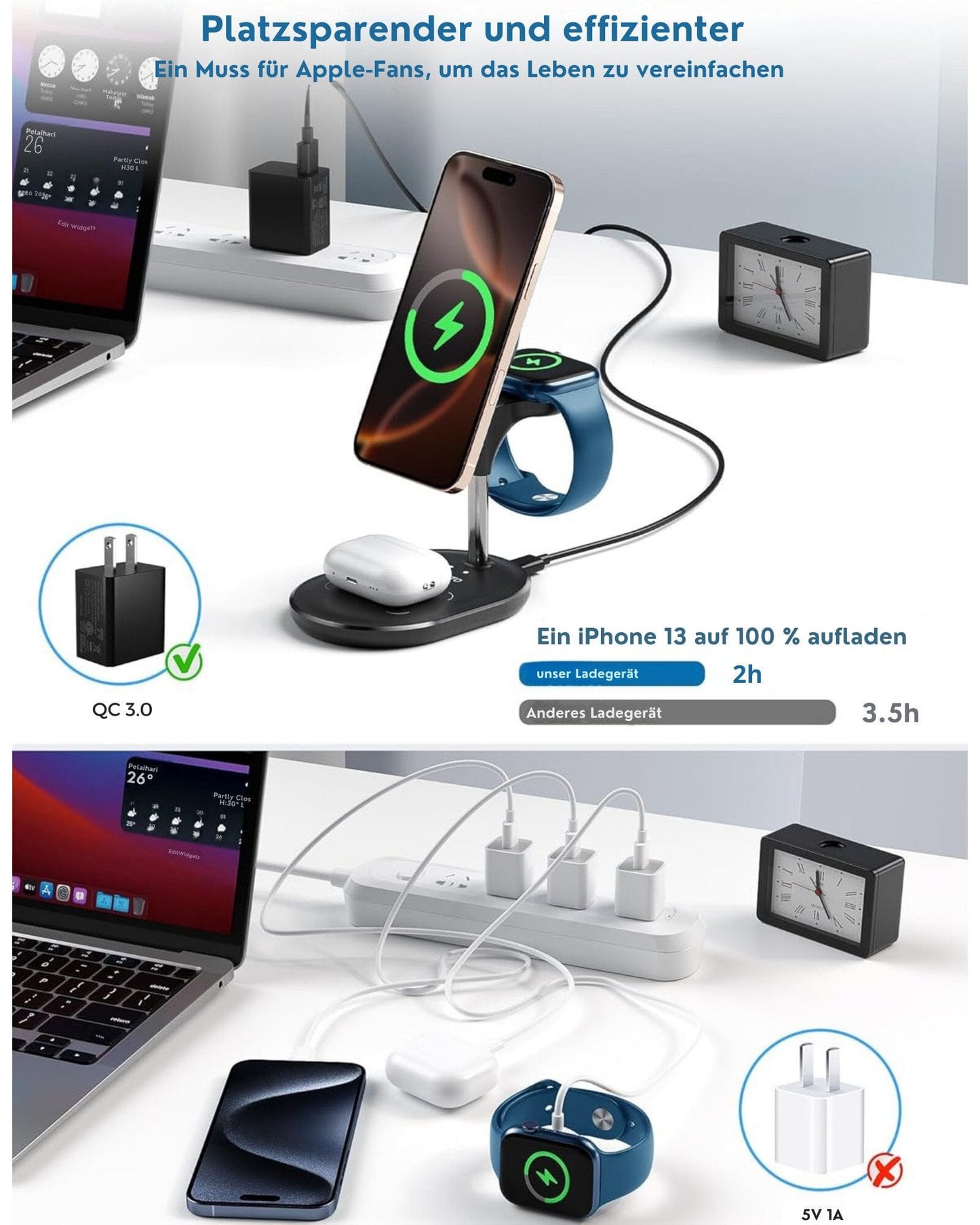 3 in 1 Ladestation für Apple MagSafe Ladegerät, 15W Mag-Safe Ladestation
