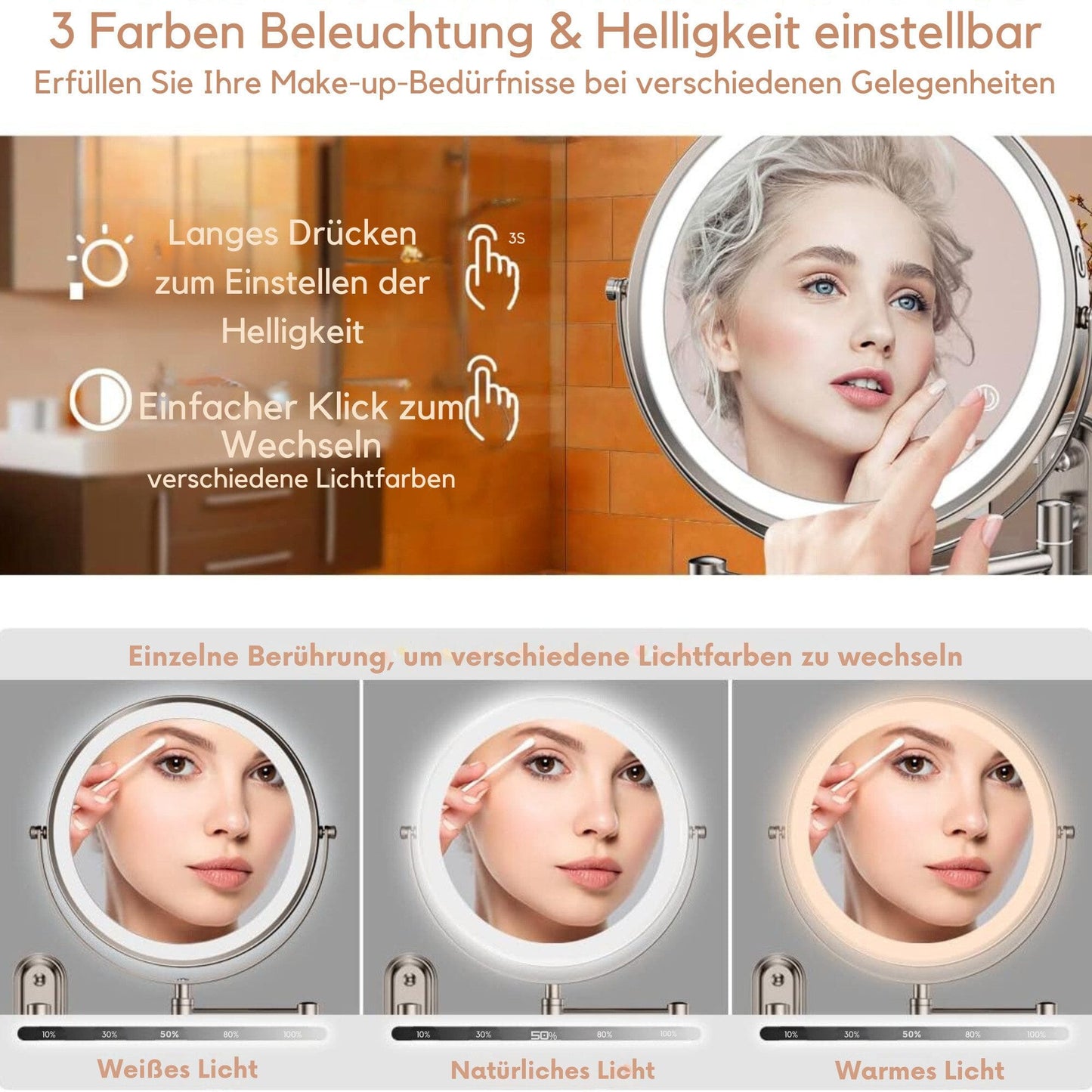 Kosmetikspiegel Wiederaufladbarer beleuchteter Badezimmerspiegel, 1X/10X Vergrößerung
