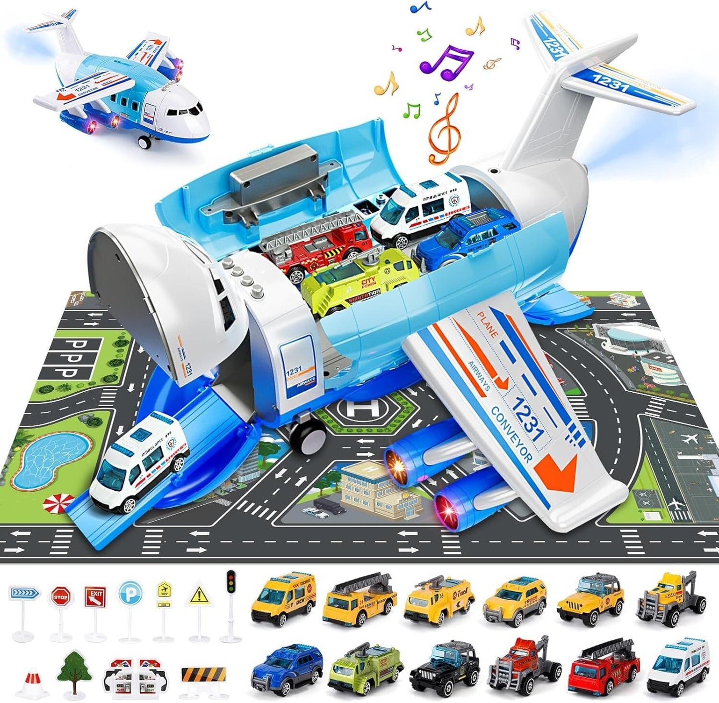 Spielzeug-Flugzeug mit Lichtern, Geräuschen, Sprühfunktion und 12-teiligem Spielzeugauto