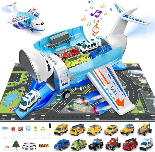 Spielzeug-Flugzeug mit Lichtern, Geräuschen, Sprühfunktion und 12-teiligem Spielzeugauto