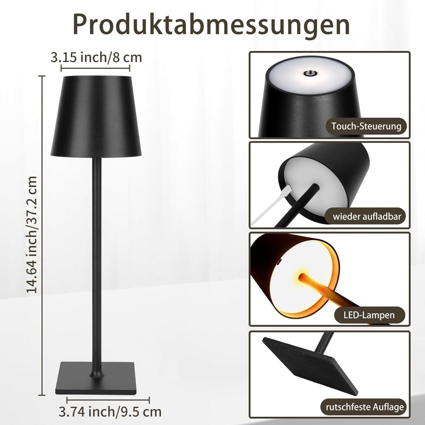 LED Tischleuchte mit 3 Farbtemperaturen -Wiederaufladbar,Touch-Dimmer,IP54 Wasserdicht