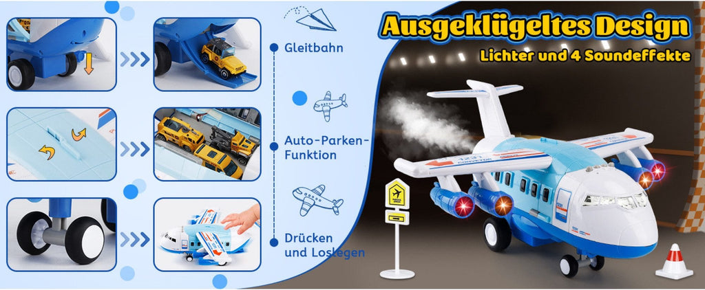 Spielzeug-Flugzeug mit Lichtern, Geräuschen, Sprühfunktion und 12-teiligem Spielzeugauto