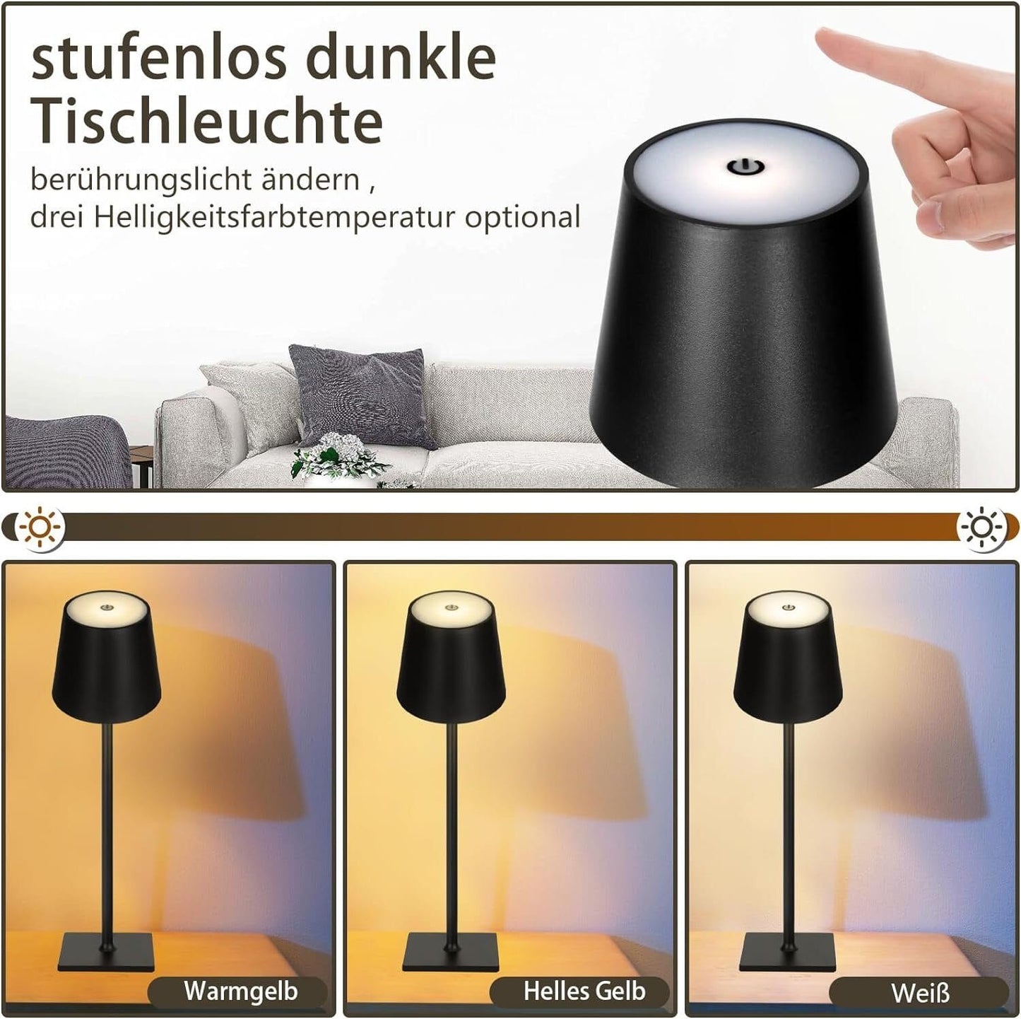 LED Tischleuchte mit 3 Farbtemperaturen -Wiederaufladbar,Touch-Dimmer,IP54 Wasserdicht
