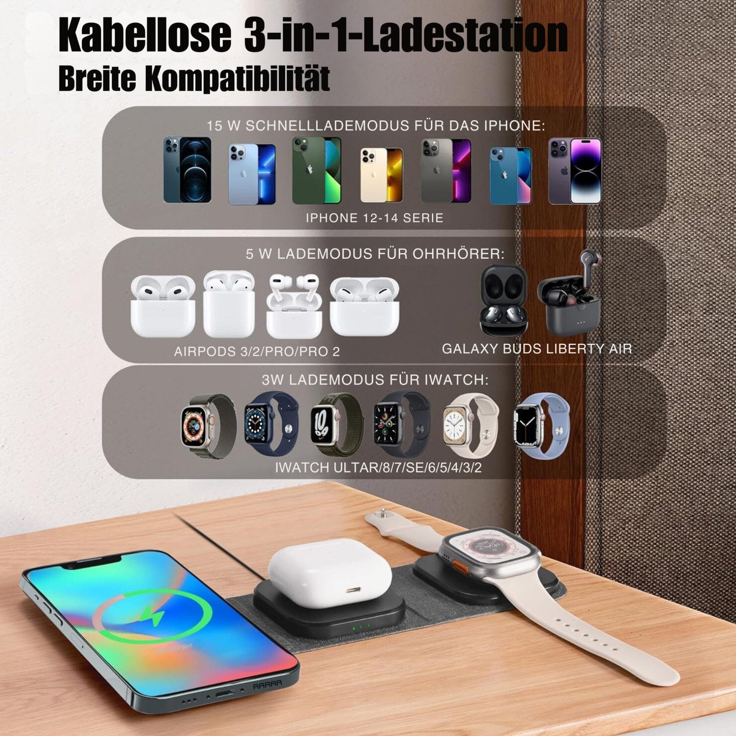 Mag-Safe Ladegerät 3-in-1 kabelloses Ladegerät mit USB C & 15W Adapter Induktions-Ladegerät