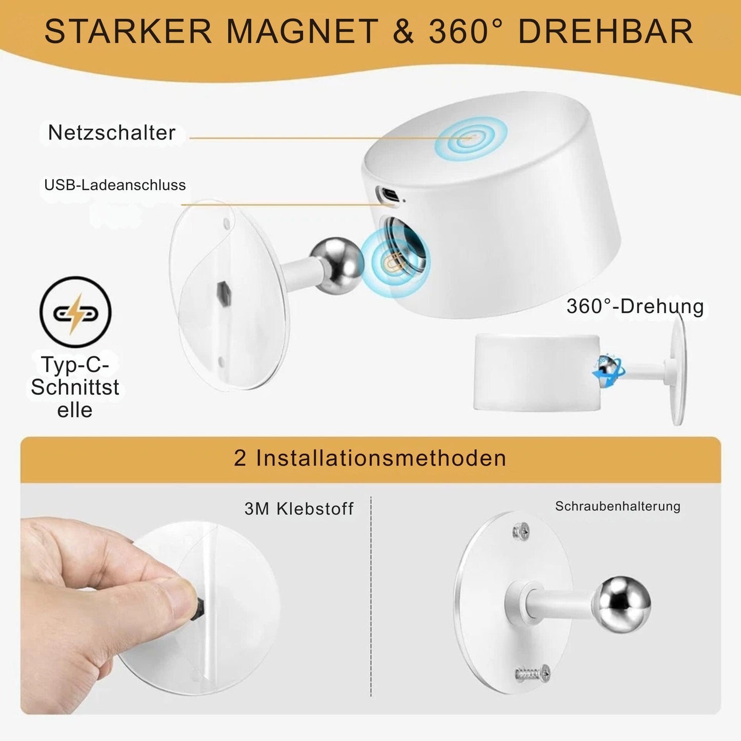LED Wandleuchte mit Akku, 360° drehbar, magnetische Befestigung, RGB & Weißlicht