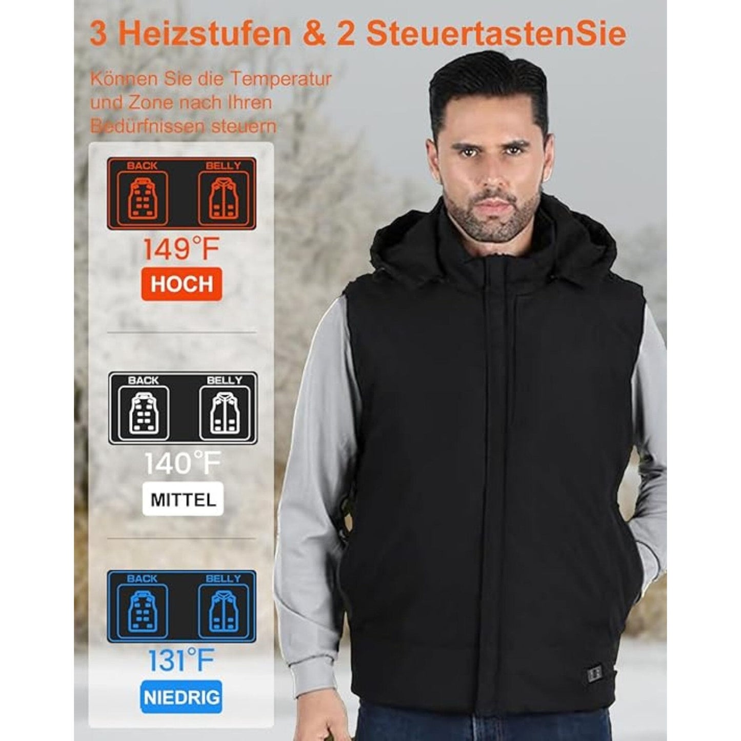 Funktionsweste Wärmeweste, beheizte Jacke, Intelligente einstellbare 3 Heizzonen