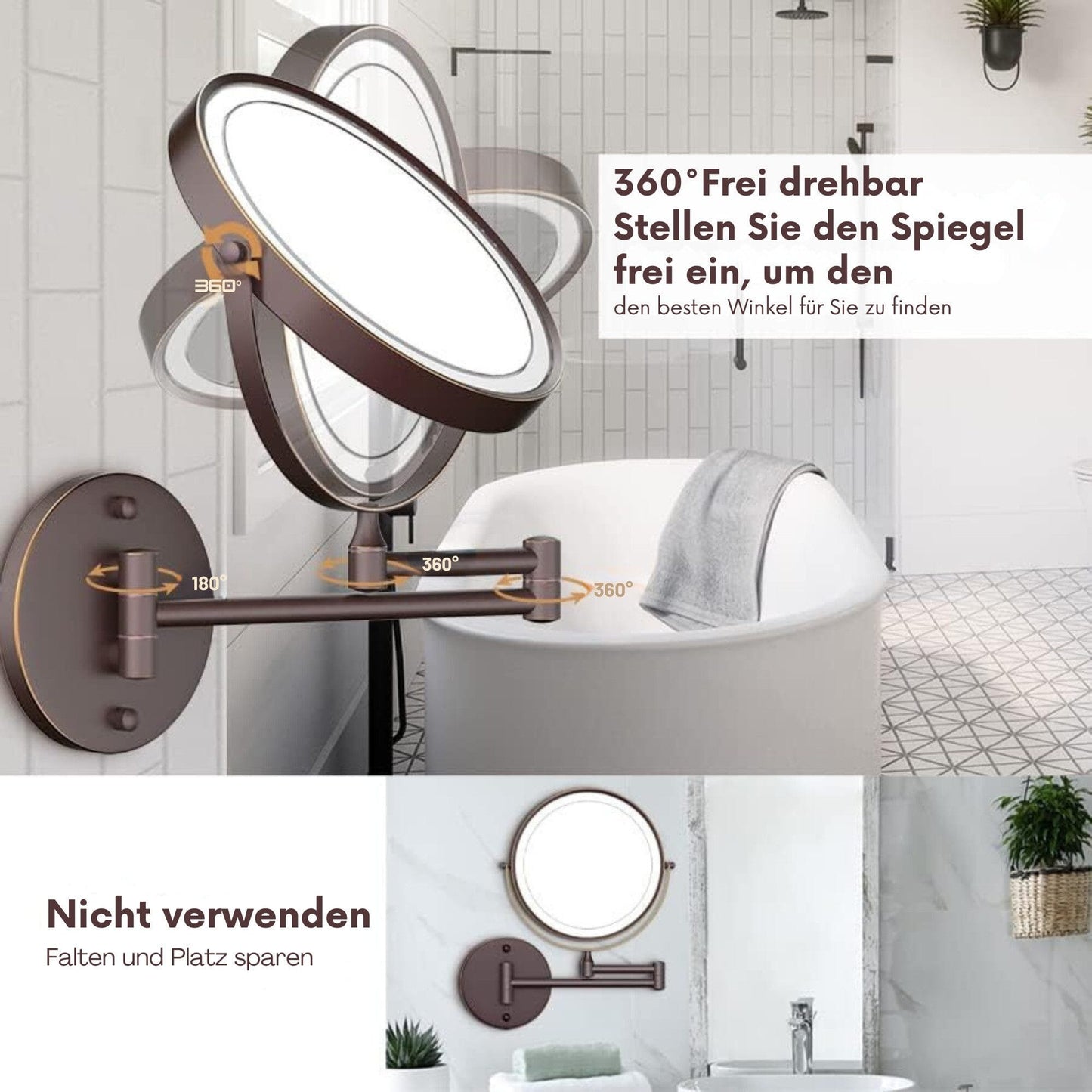 LED-Lichtspiegel Wiederaufladbarer beleuchteter Badezimmerspiegel, 1X/10X Vergrößerung