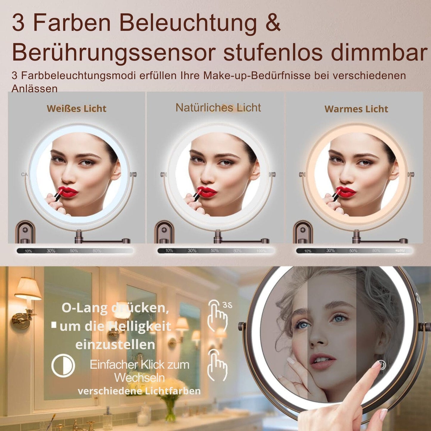 Kosmetikspiegel Wiederaufladbarer beleuchteter Badezimmerspiegel, 1X/10X Vergrößerung