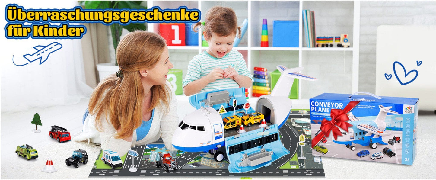 Spielzeug-Flugzeug mit Lichtern, Geräuschen, Sprühfunktion und 12-teiligem Spielzeugauto