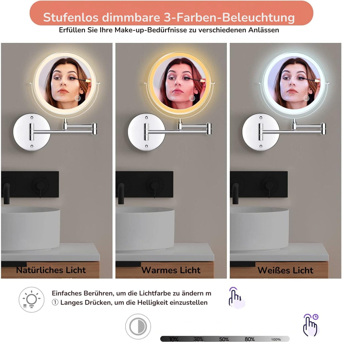 Kosmetikspiegel Wiederaufladbarer beleuchteter Wand-Makeup-Spiegel