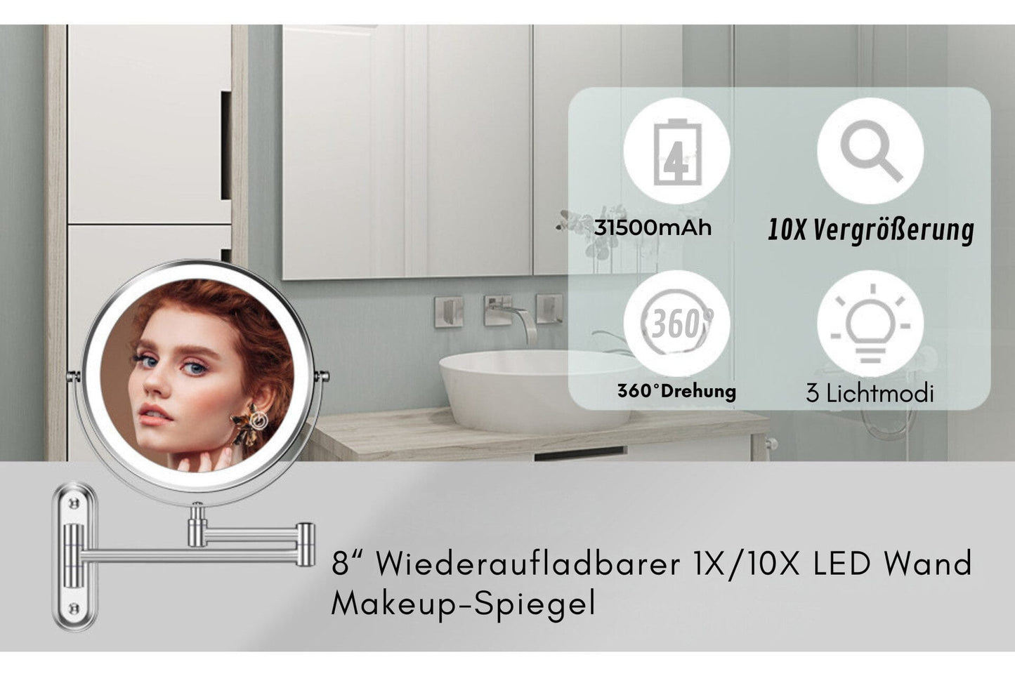 Kosmetikspiegel Wiederaufladbarer beleuchteter Badezimmerspiegel, 1X/10X Vergrößerung