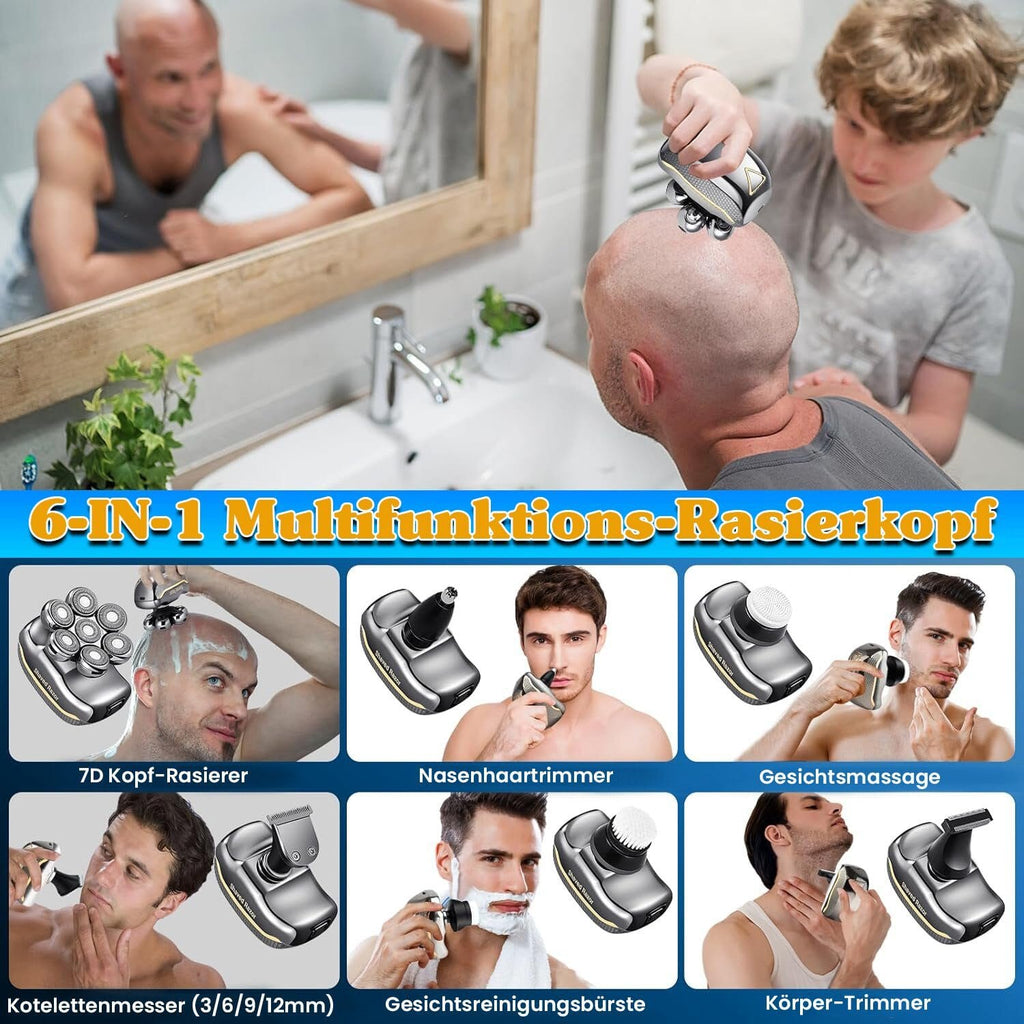 Elektrorasierer 6-in-1 Wasserdichter Rasierer für glatte Köpfe, Nass/Trocken