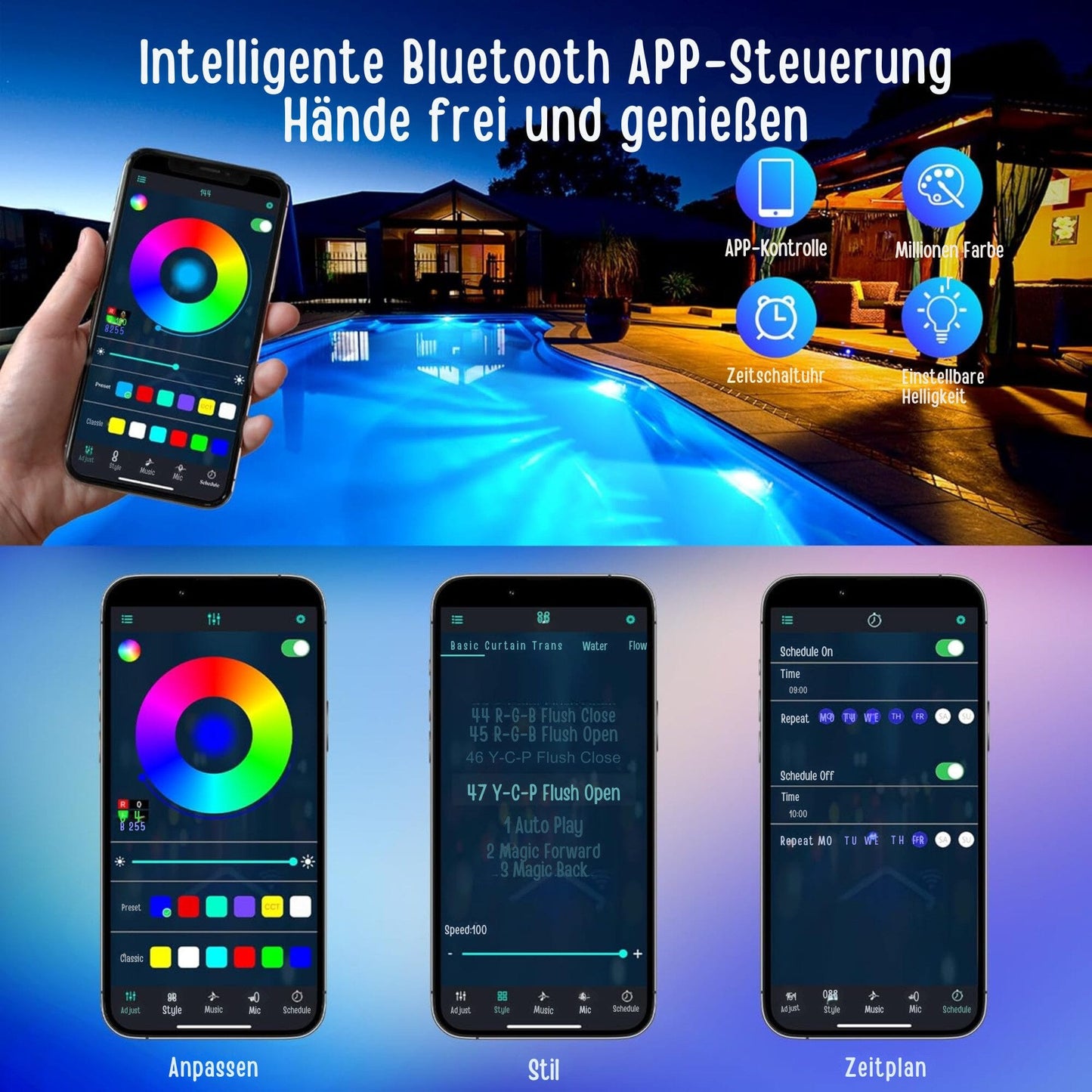 Pool-Lampe 15W Poolbeleuchtung IP68 Wasserdicht & Dimmbar mit Magnet