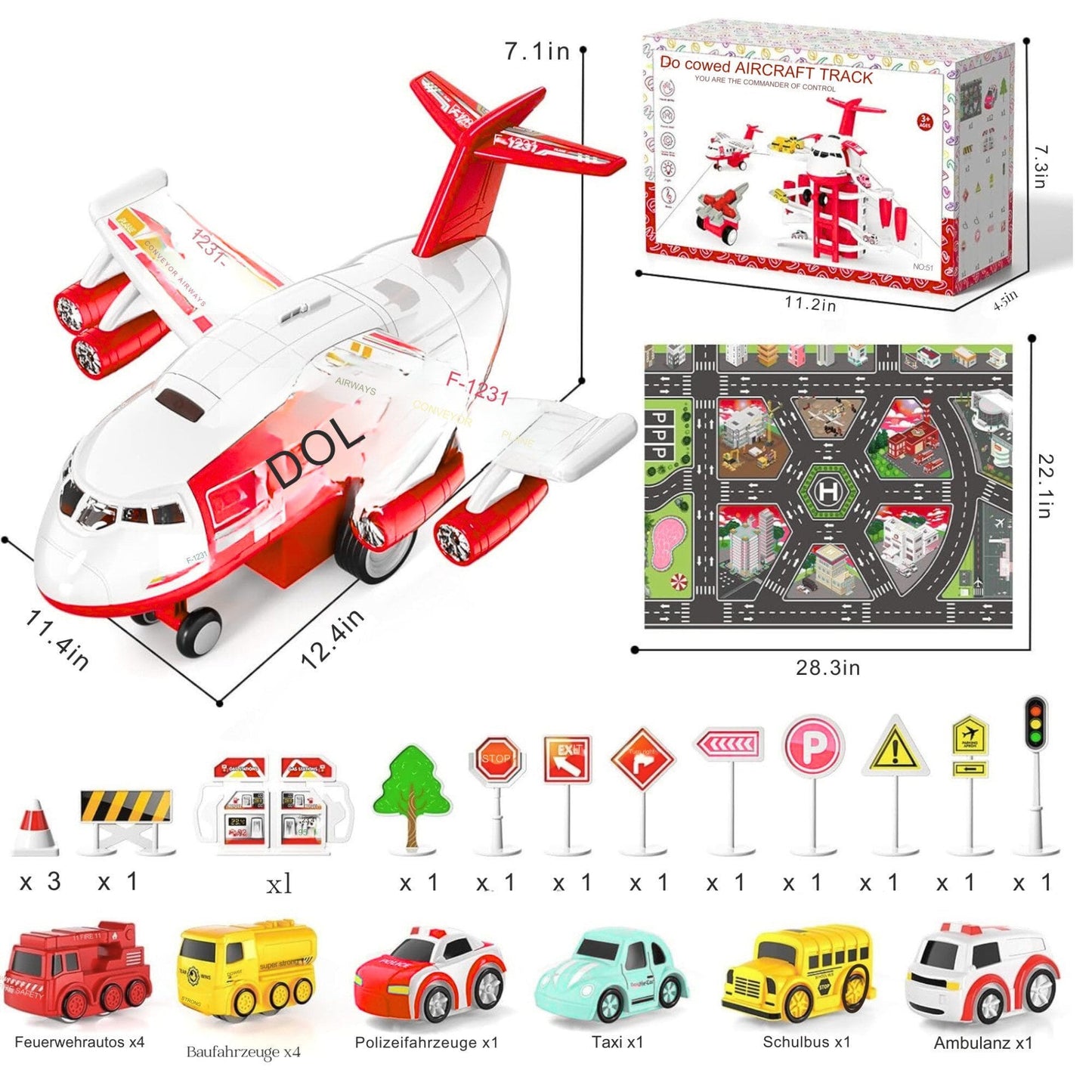 Spielzeug-Flugzeug mit 12 Stadtautos & Rennstrecke Rennbahn Auto Spielzeug für Kinder