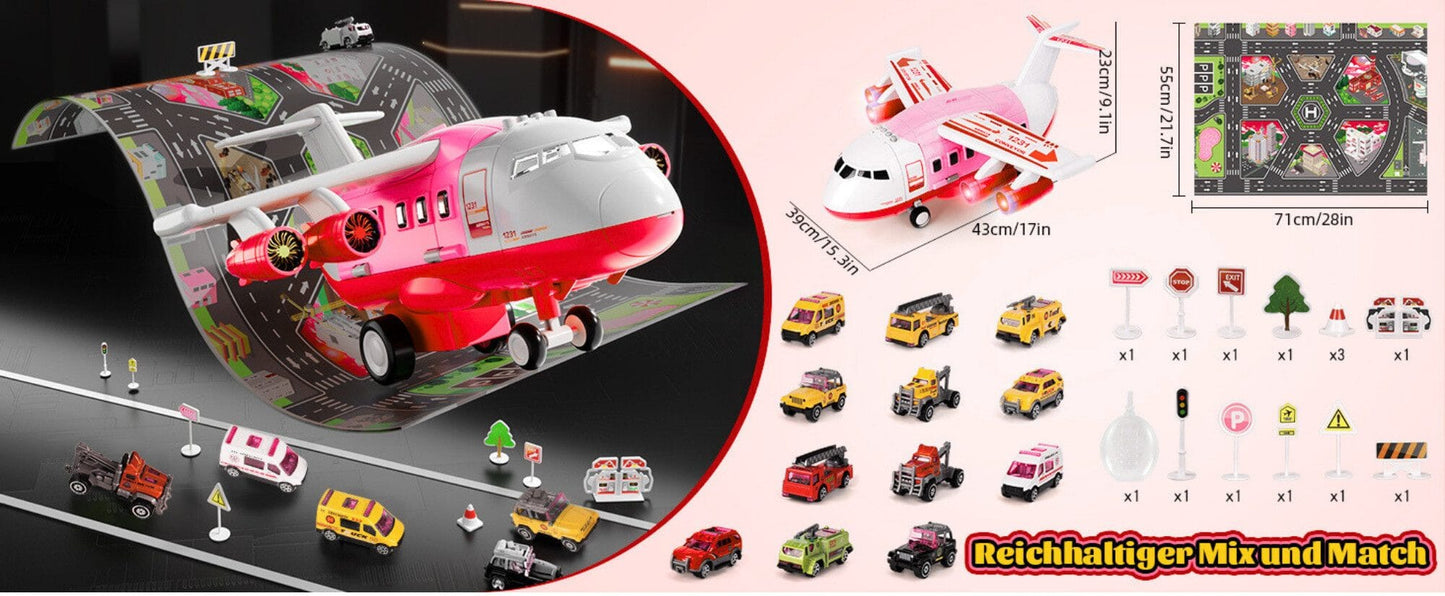 Spielzeug-Flugzeug mit Lichtern, Geräuschen, Sprühfunktion und 12-teiligem Spielzeugauto