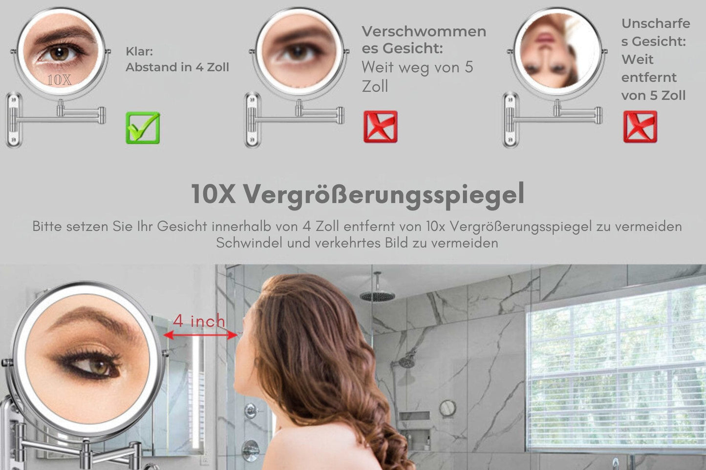 Kosmetikspiegel Wiederaufladbarer beleuchteter Badezimmerspiegel, 1X/10X Vergrößerung