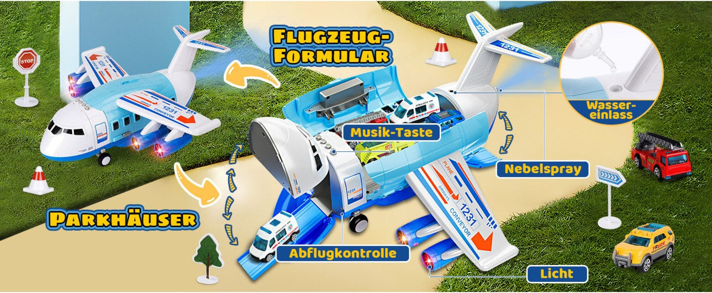 Spielzeug-Flugzeug mit Lichtern, Geräuschen, Sprühfunktion und 12-teiligem Spielzeugauto