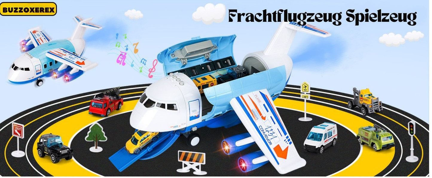 Spielzeug-Flugzeug mit Lichtern, Geräuschen, Sprühfunktion und 12-teiligem Spielzeugauto