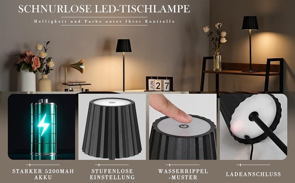 LED Tischleuchte mit 3 Farbtemperaturen -Wiederaufladbar,Touch-Dimmer,IP54 Wasserdicht