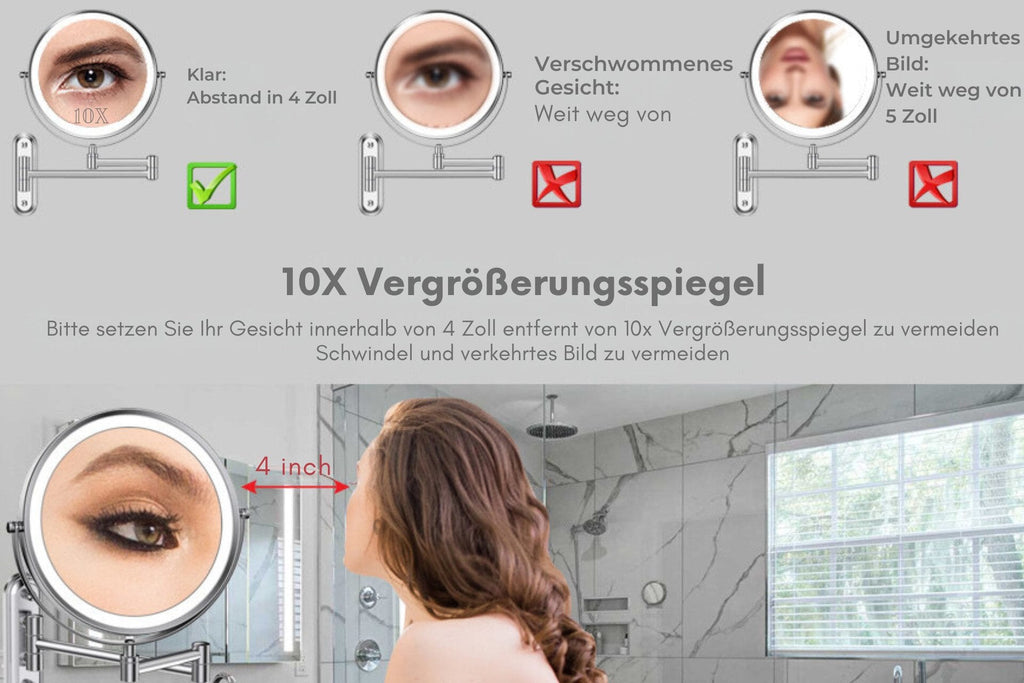 Kosmetikspiegel Wiederaufladbarer beleuchteter Badezimmerspiegel, 1X/10X Vergrößerung