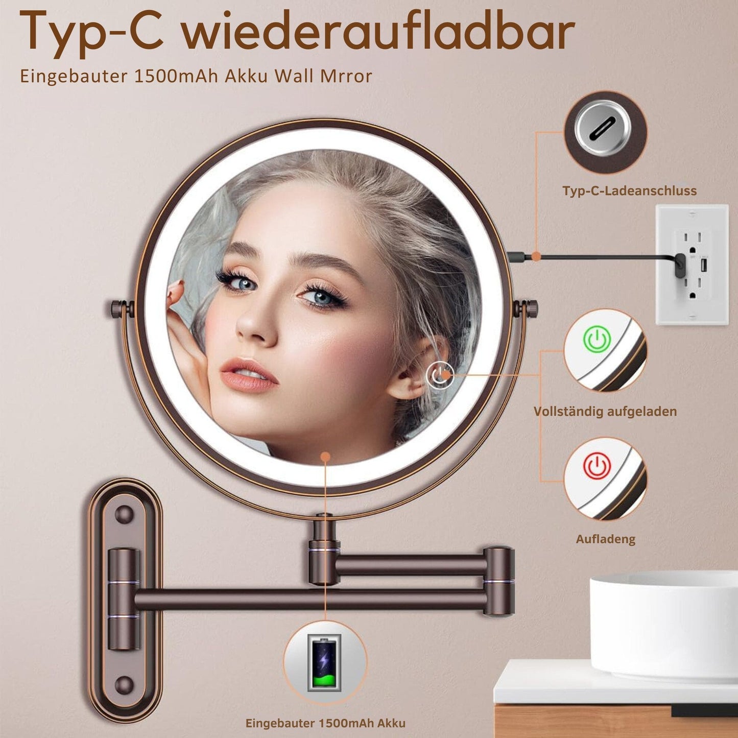 Kosmetikspiegel Wiederaufladbarer beleuchteter Badezimmerspiegel, 1X/10X Vergrößerung