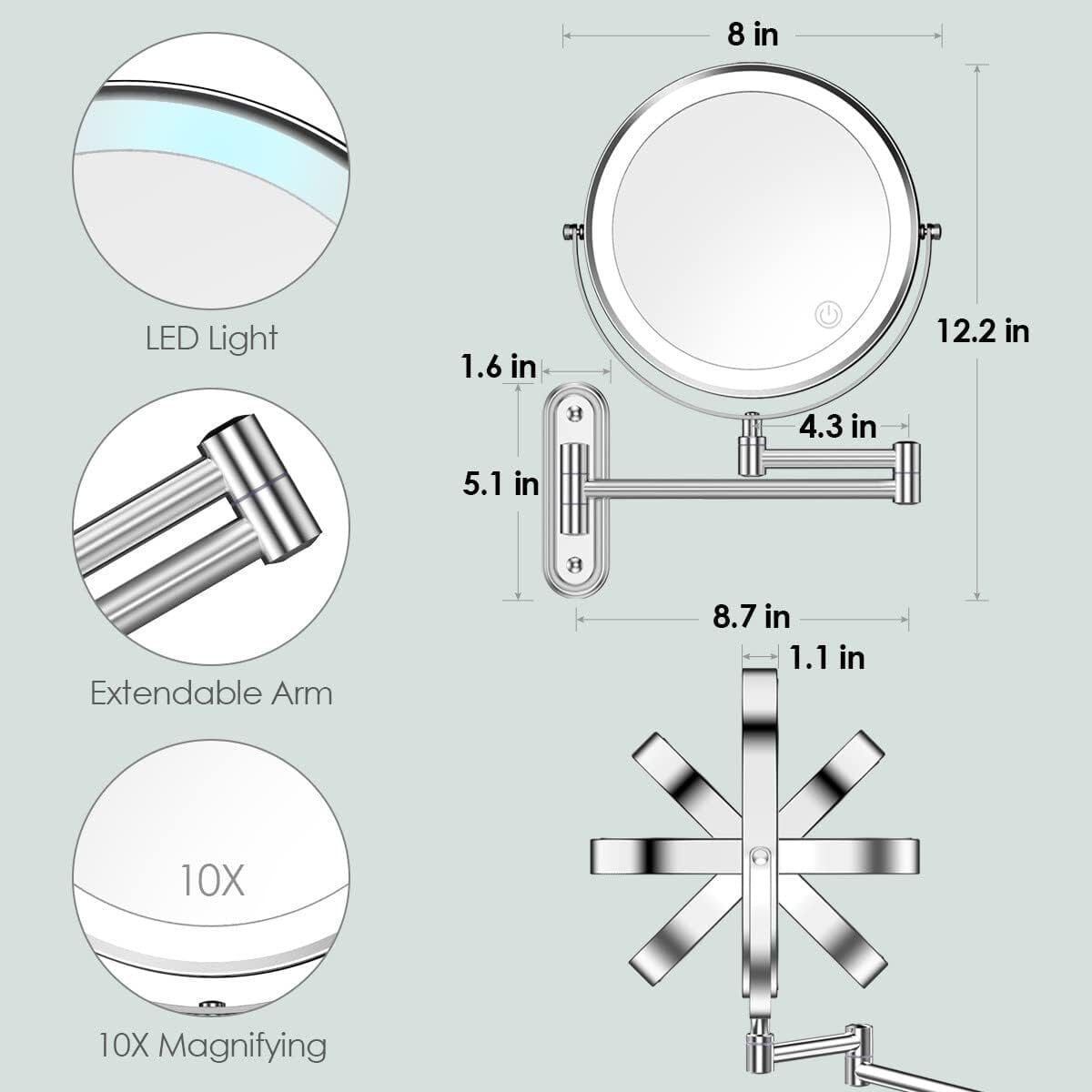 Kosmetikspiegel Wiederaufladbarer beleuchteter Badezimmerspiegel, 1X/10X Vergrößerung
