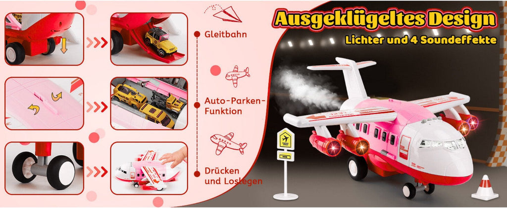 Spielzeug-Flugzeug mit Lichtern, Geräuschen, Sprühfunktion und 12-teiligem Spielzeugauto