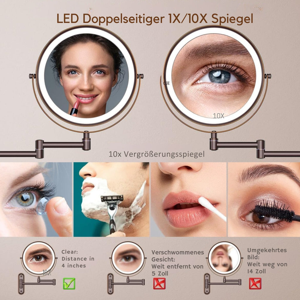 Kosmetikspiegel Wiederaufladbarer beleuchteter Badezimmerspiegel, 1X/10X Vergrößerung