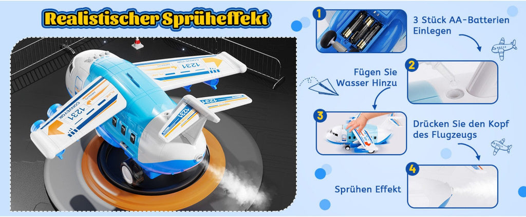 Spielzeug-Flugzeug mit Lichtern, Geräuschen, Sprühfunktion und 12-teiligem Spielzeugauto