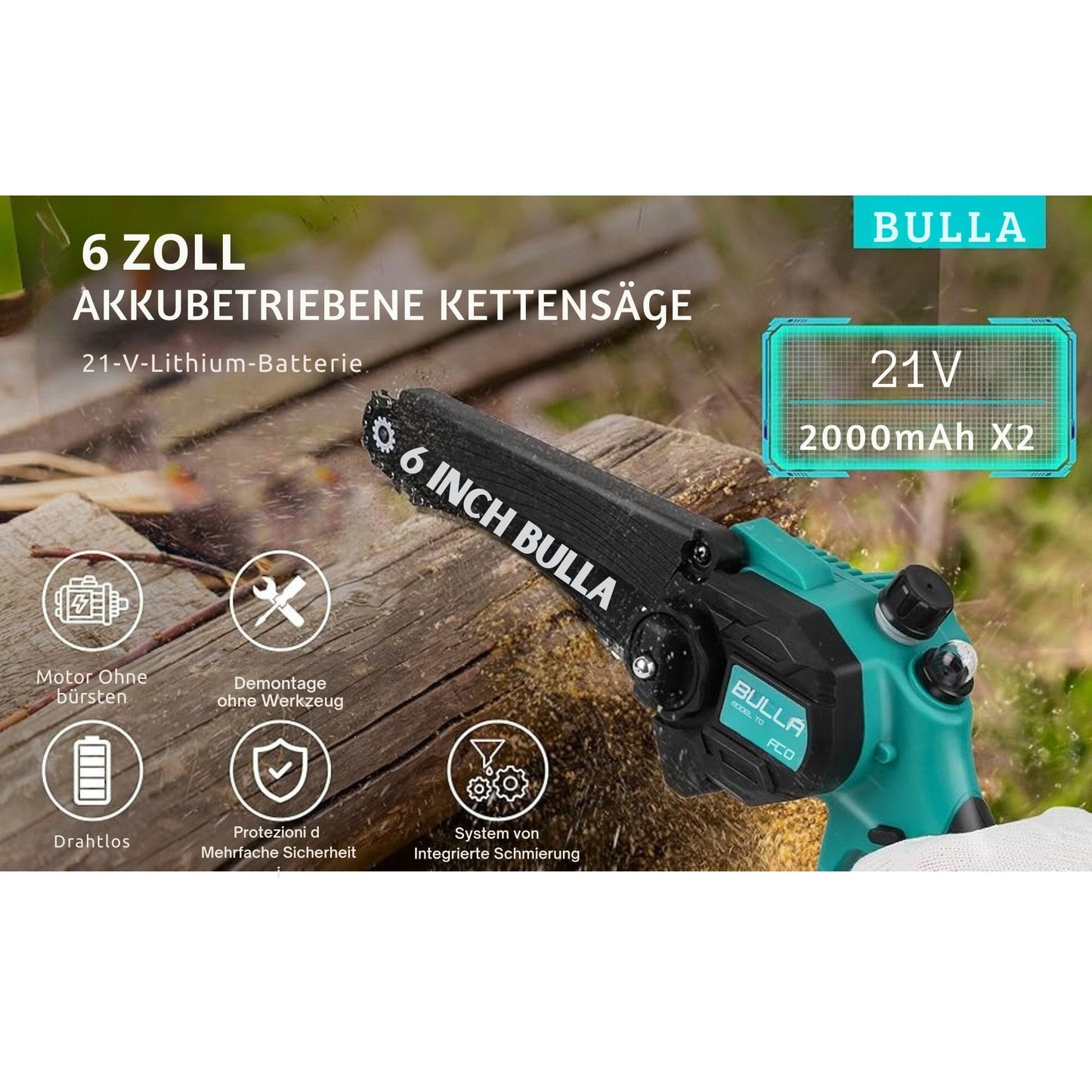 Akku-Kettensäge mit Brushless-Motoren und mit 2 2000mAh-Akkus