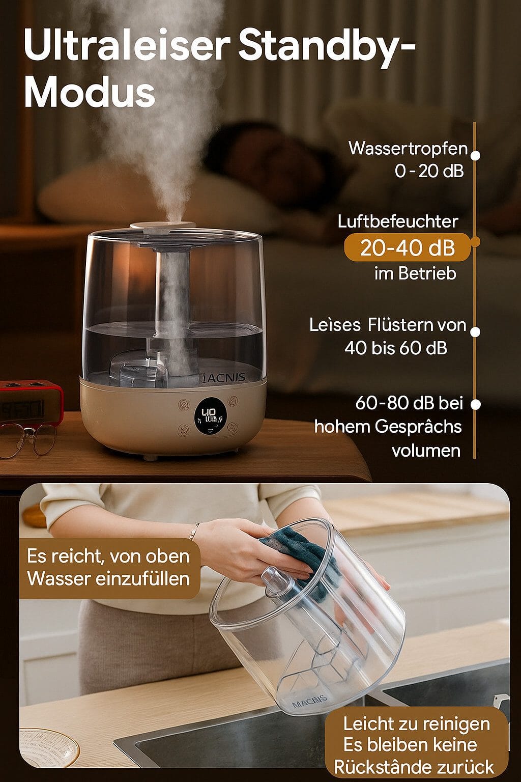 Luftbefeuchter Auto Quiet Mode für Baby, 4L Ultraschall Cool Mist Luftbefeuchter