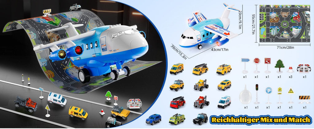 Spielzeug-Flugzeug mit Lichtern, Geräuschen, Sprühfunktion und 12-teiligem Spielzeugauto