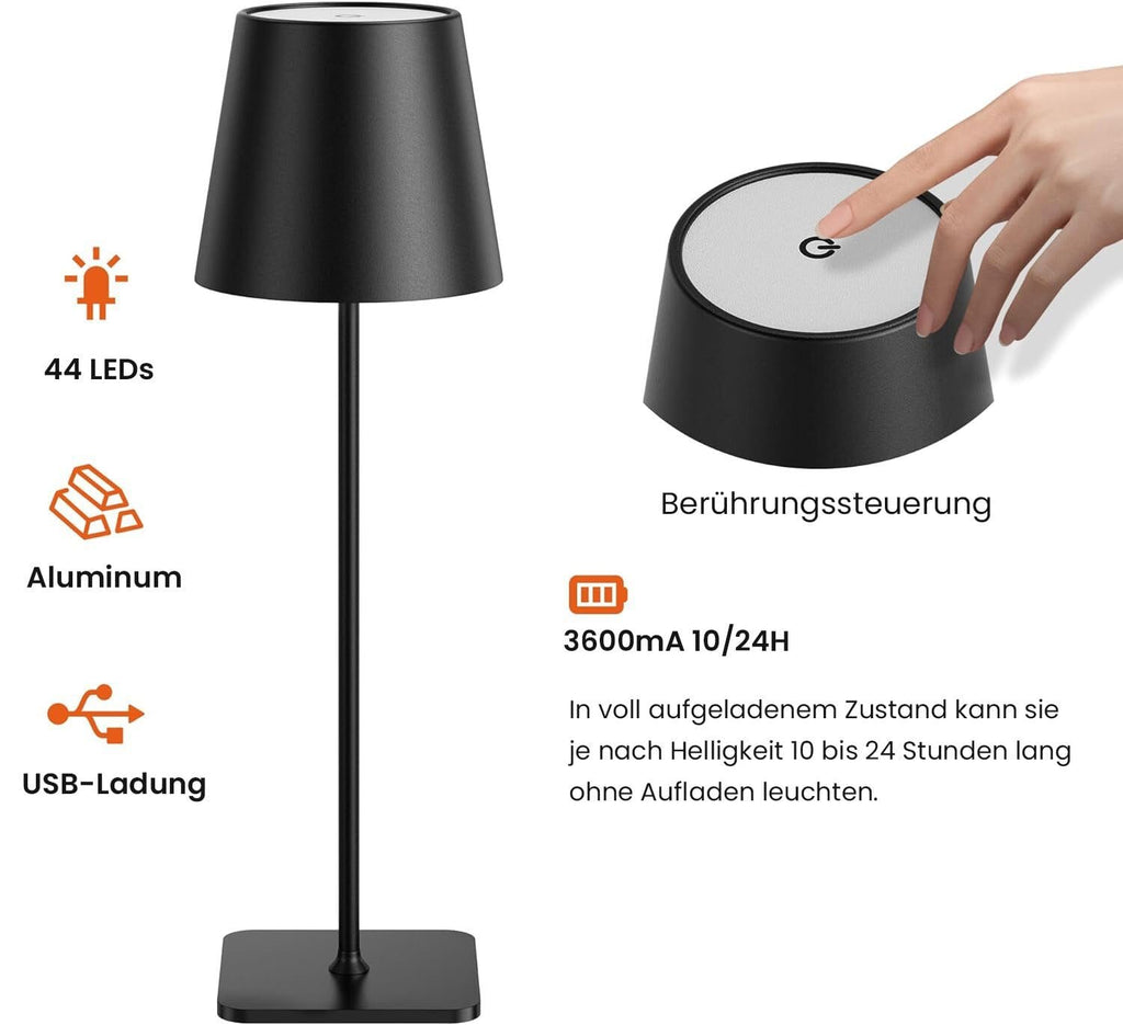 LED Tischleuchte mit 3 Farbtemperaturen -Wiederaufladbar,Touch-Dimmer,IP54 Wasserdicht