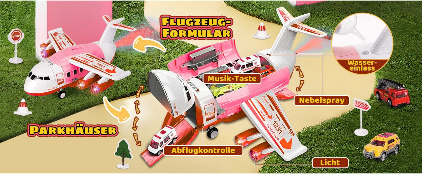 Spielzeug-Flugzeug mit Lichtern, Geräuschen, Sprühfunktion und 12-teiligem Spielzeugauto